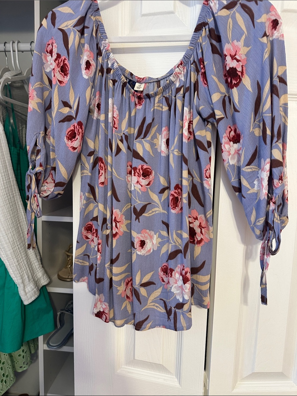 Blue Rain Lavender Floral Off-Shoulder Blouse with Tie Sleeves
